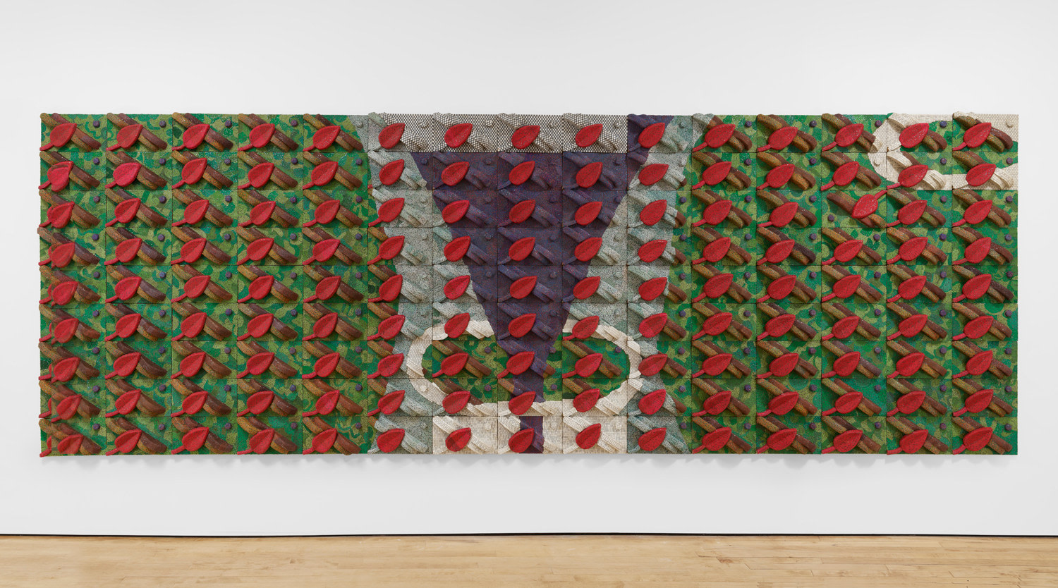 Red Leaves, 2021 Three-dimensional wall piece with woven electrical wires and other components on wood panels